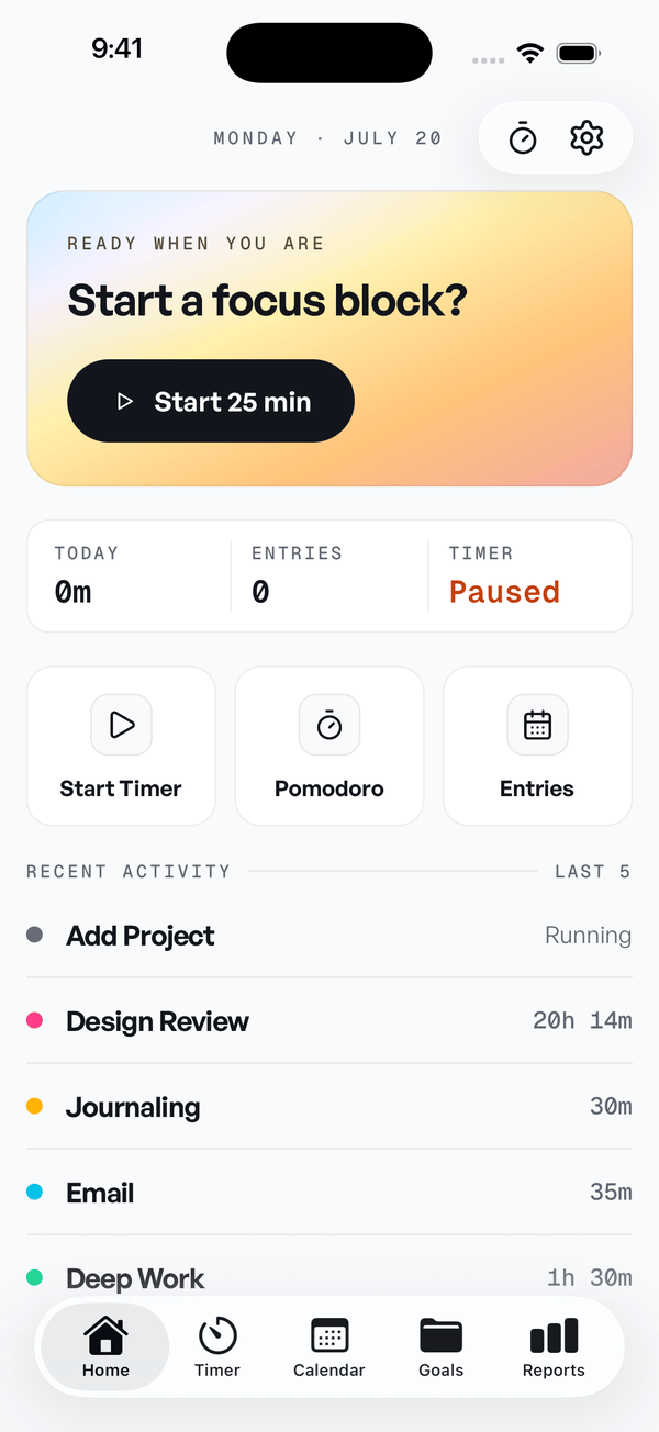 Pomlo home screen with a Start 25 min focus card, today's totals, quick actions for timer, pomodoro and entries, and a recent activity list