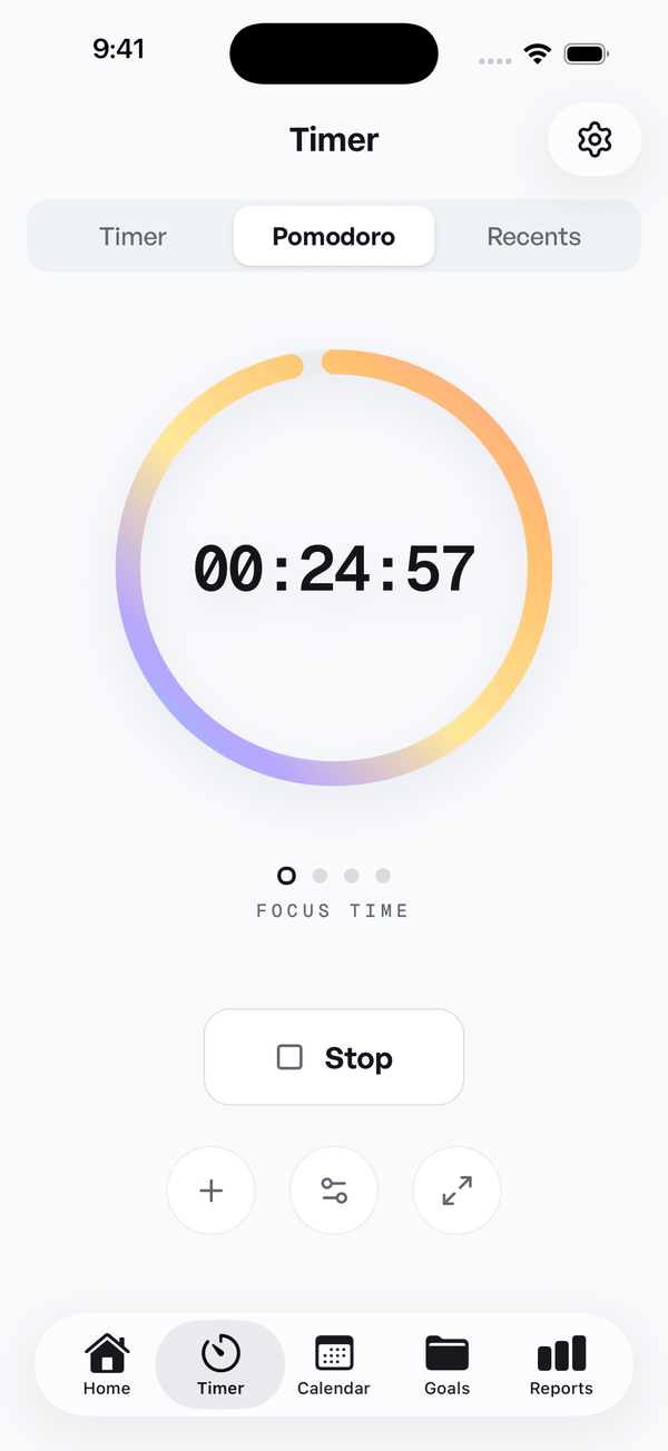 Pomodoro tab counting down 24 minutes 57 seconds inside a daybreak gradient ring, labelled focus time, with a stop button below