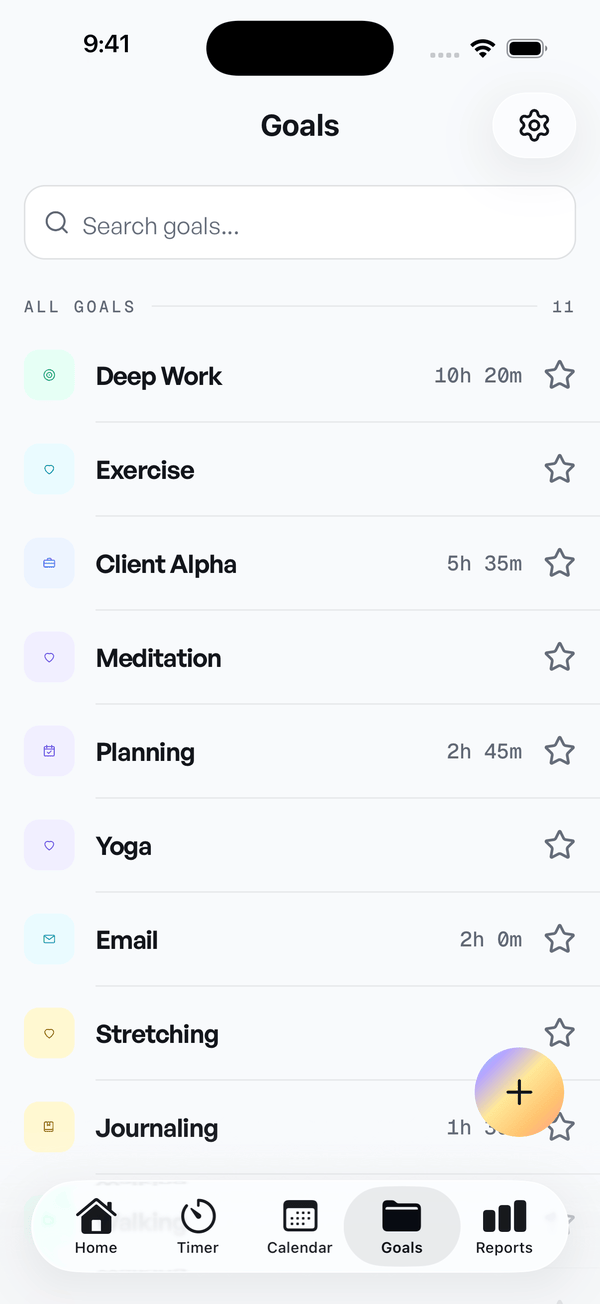 Goals tab listing deep work, exercise, client alpha and more, each with a colored icon and the hours tracked against it